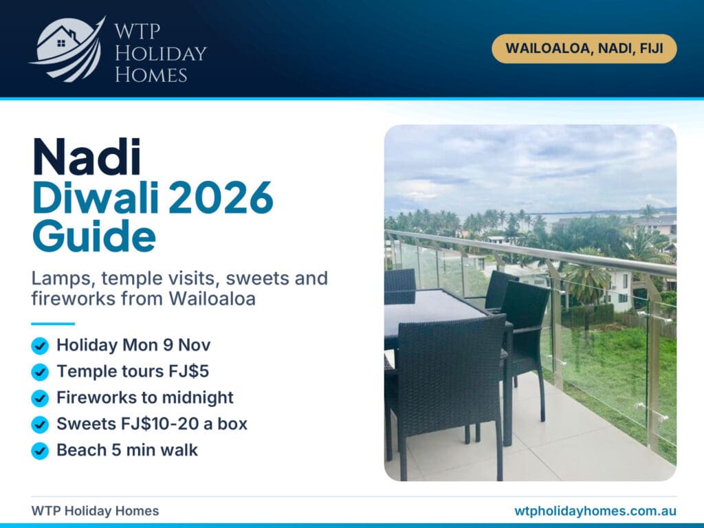 Diwali in Nadi 2026 guide cover: festival of lights, temple visits and a Wailoaloa apartment stay near Nadi, Fiji