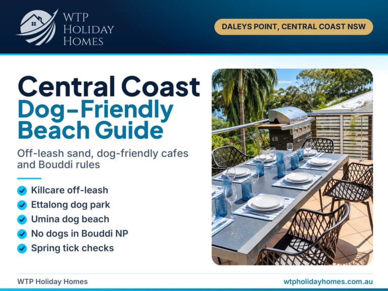 Dog-friendly Central Coast guide cover showing the water-view terrace at Carinya Coastal Escapes, Daleys Point