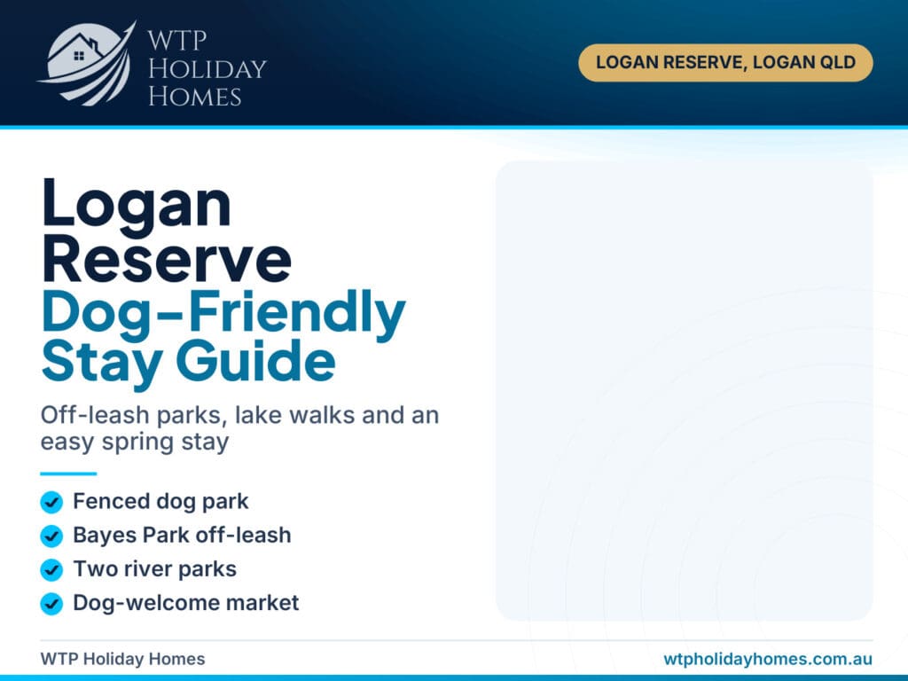Dog-friendly Logan Reserve guide cover: path beside parkland and lake with off-leash parks and spring stay highlights
