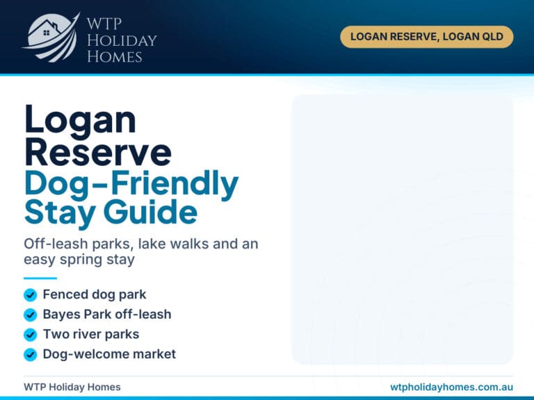 Dog-friendly Logan Reserve guide cover: path beside parkland and lake with off-leash parks and spring stay highlights
