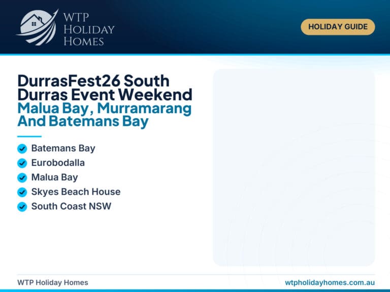 Featured image for a DurrasFest26 South Durras event weekend guide, showing coastal festival, Murramarang beach and Malua Bay stay cues.