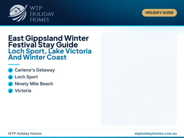 Featured image for an East Gippsland Winter Festival Loch Sport guide, showing winter lights, Lake Victoria, Ninety Mile Beach and relaxed group downtime.
