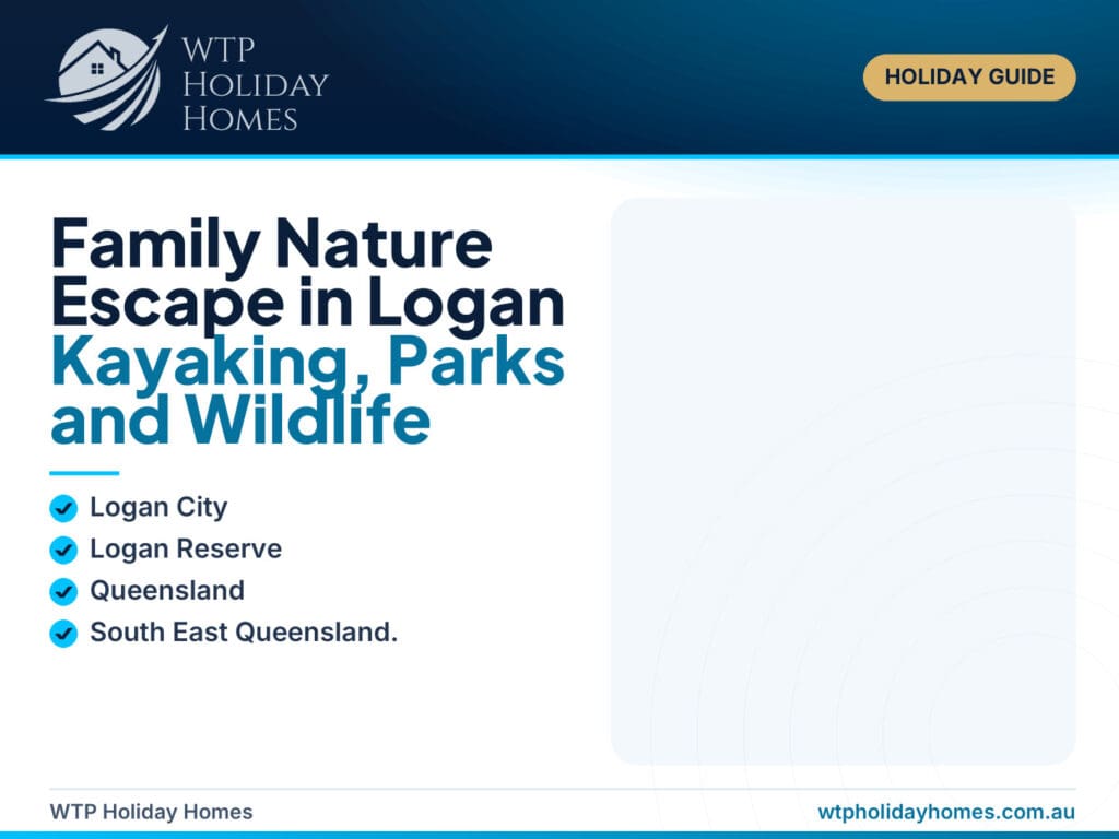 Family nature escape in Logan with kayaks beside a leafy waterway and parkland near Logan Reserve.