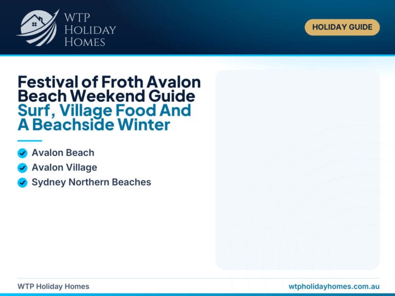 Featured image for a Festival of Froth Avalon Beach weekend guide, showing a premium Northern Beaches coastal event style with surf, beach and village cues.