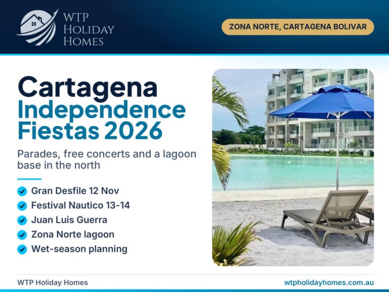 Fiestas de Independencia Cartagena 2026 guide cover over the turquoise lagoon and palms at Baia Kristal, Zona Norte