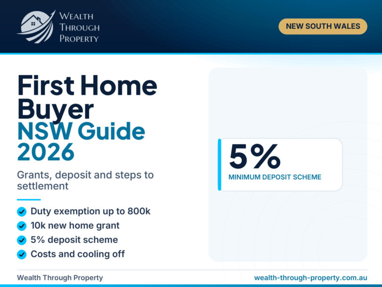 First Home Buyer NSW Guide 2026 cover showing grants, a 5% minimum deposit scheme and steps to settlement