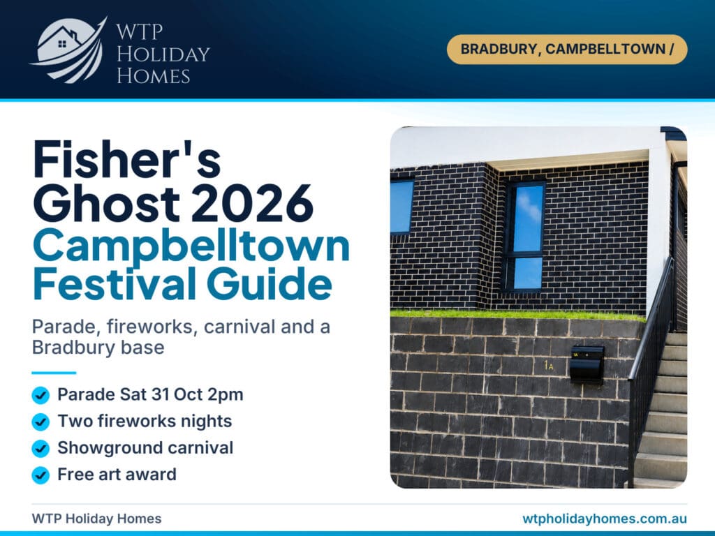 Festival of Fisher's Ghost 2026 Bradbury stay guide cover over the black brick facade of Matilda's Urban Escape