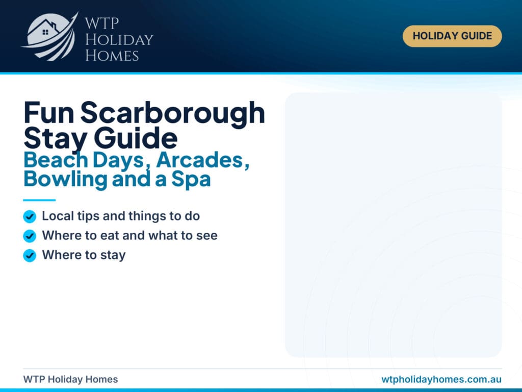Featured image for a fun Scarborough stay guide, showing beach games, arcade-style activity cues, food stops and a relaxed spa-style coastal base.