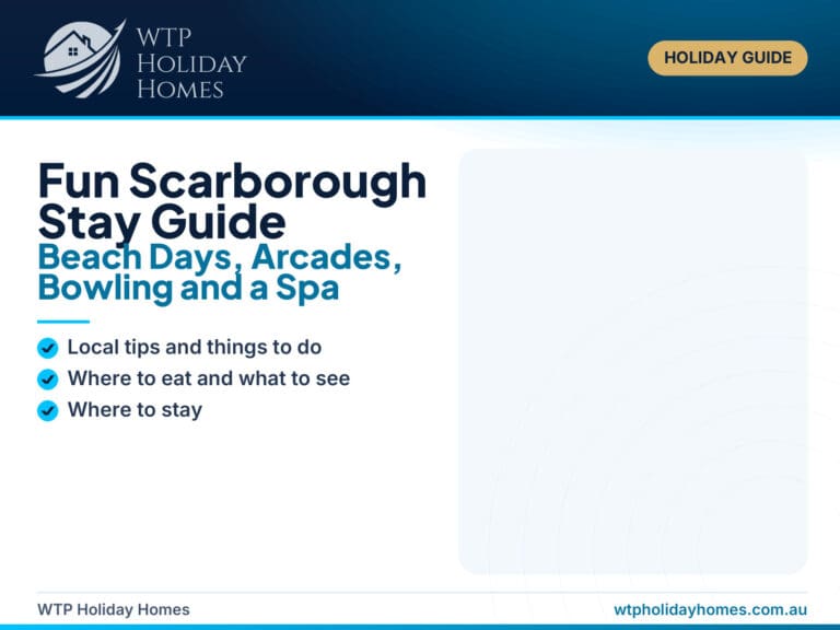 Featured image for a fun Scarborough stay guide, showing beach games, arcade-style activity cues, food stops and a relaxed spa-style coastal base.