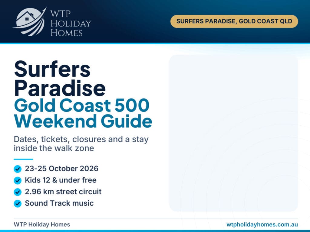 Gold Coast 500 2026 race weekend guide cover: Surfers Paradise street circuit stay at Robin's Oceanview Penthouse