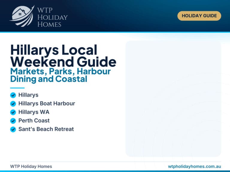 Hillarys weekend guide featured image showing a coastal marina, local park, market stalls and a relaxed Perth Sunset Coast atmosphere.