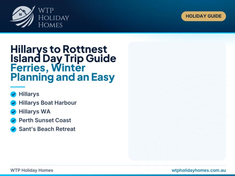 Featured image for a Hillarys to Rottnest Island day trip guide, showing a premium Perth coastal ferry and holiday home travel style.