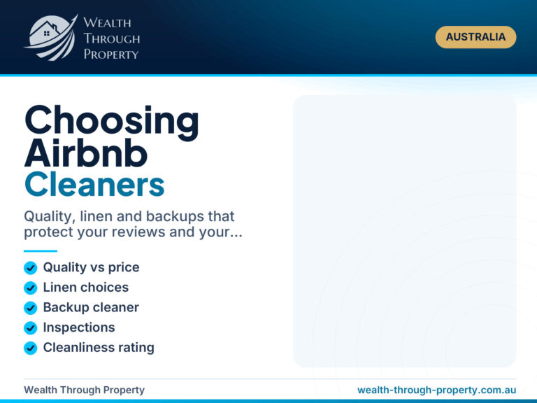 Cover graphic: choosing Airbnb cleaners, covering quality, linen, backup cleaners and inspections