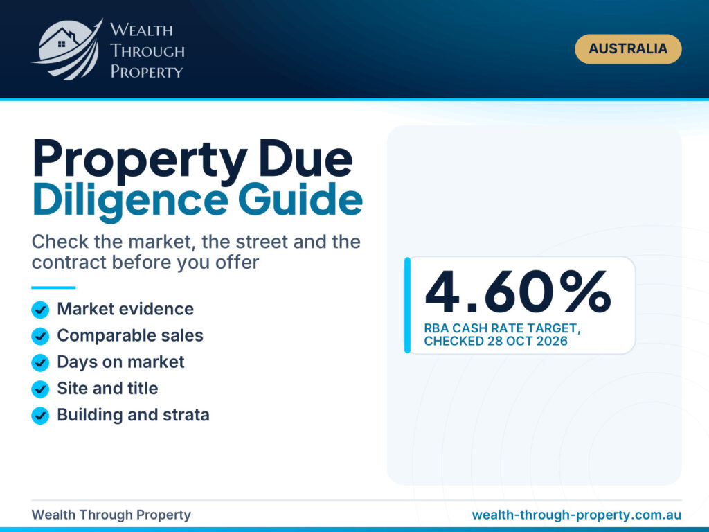 Cover graphic for a guide to property due diligence when buying in the current Australian market