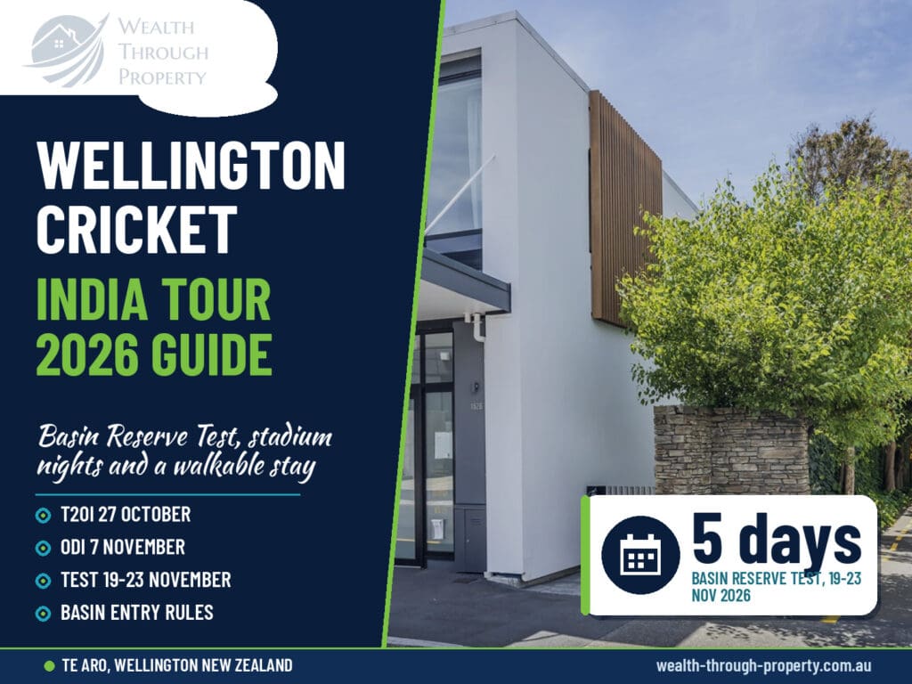 Cover for a guide to the India cricket tour in Wellington 2026 with the Jessie Street entrance to City Tree Hutt B in Te Aro