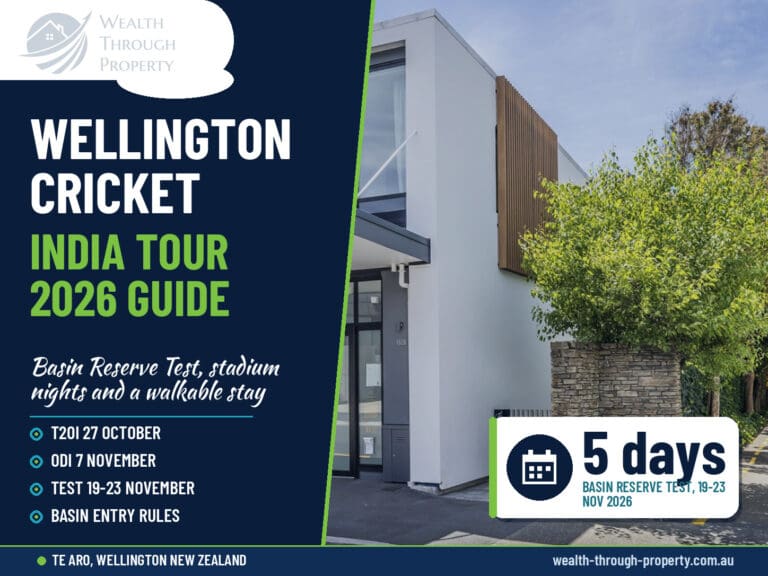 Cover for a guide to the India cricket tour in Wellington 2026 with the Jessie Street entrance to City Tree Hutt B in Te Aro