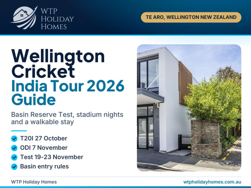 Cover for a guide to the India cricket tour in Wellington 2026 with the Jessie Street entrance to City Tree Hutt B in Te Aro