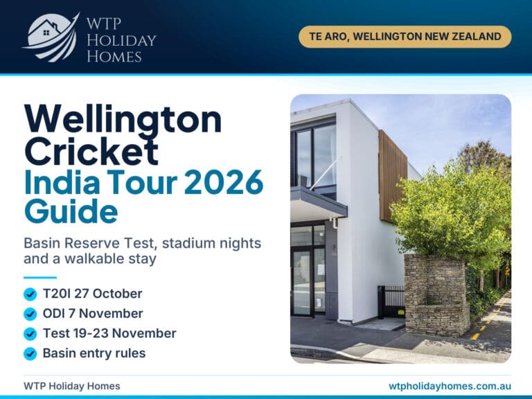 Cover for a guide to the India cricket tour in Wellington 2026 with the Jessie Street entrance to City Tree Hutt B in Te Aro