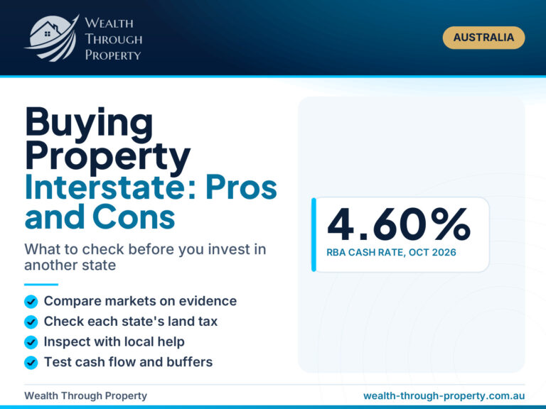 Cover for a guide to buying investment property interstate in Australia, covering pros, cons and due diligence, with the Wealth Through Property logo