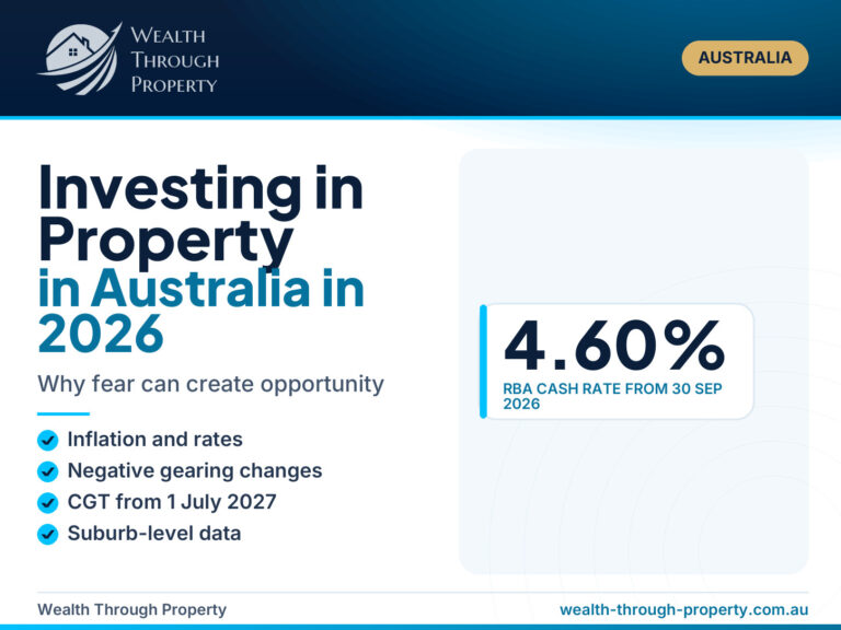 Wealth Through Property cover for a guide to investing in Australian property in 2026, showing the 4.60 per cent RBA cash rate