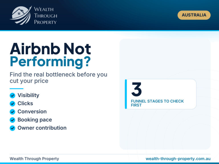 Wealth Through Property cover for a guide to diagnosing an Airbnb that is not performing, covering visibility, clicks, conversion and booking pace