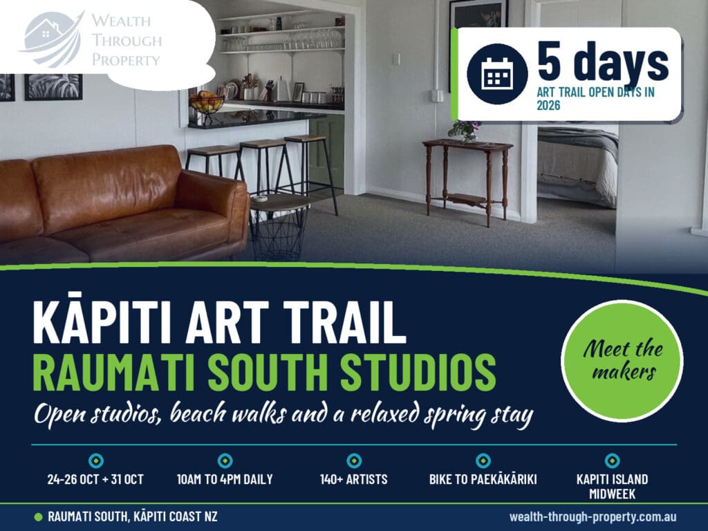 Kāpiti Coast Art Trail 2026 cover for Raumati South with the living area looking out to Kapiti Island at Seaview Paradiso