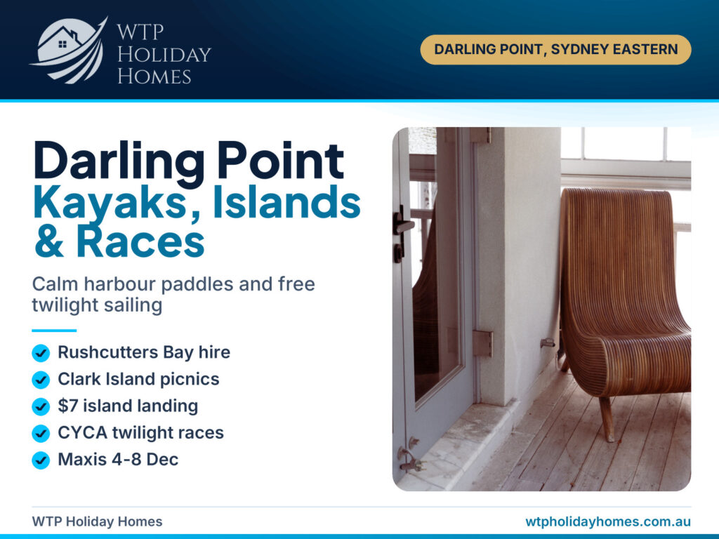 WTP cover for a guide to kayaking near Darling Point on Sydney Harbour, with hire spots, islands and twilight races
