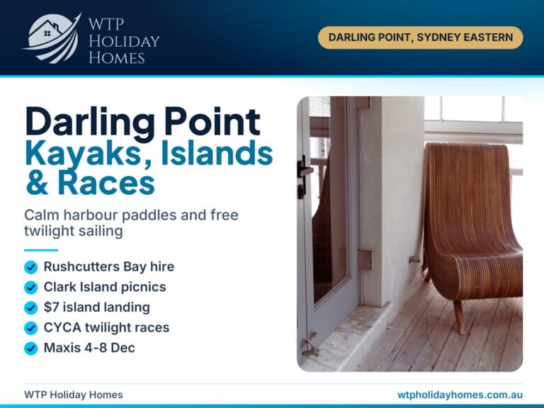 WTP cover for a guide to kayaking near Darling Point on Sydney Harbour, with hire spots, islands and twilight races