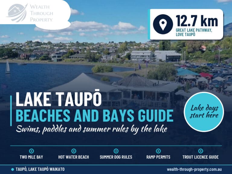 Lake Taupō beaches guide cover showing the Two Mile Bay cafe, bar and water sports on the lake near Lakeside Estate