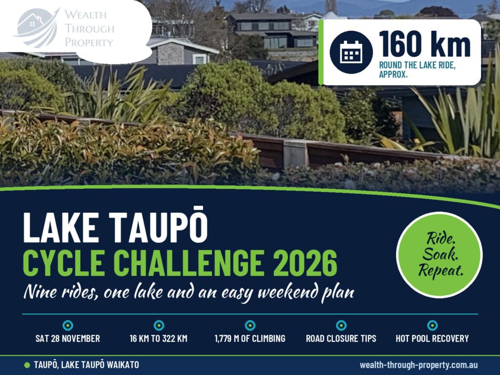 Lake Taupō Cycle Challenge 2026 cover with the view to Mount Ruapehu from the Lakeside Estate back deck in Taupō