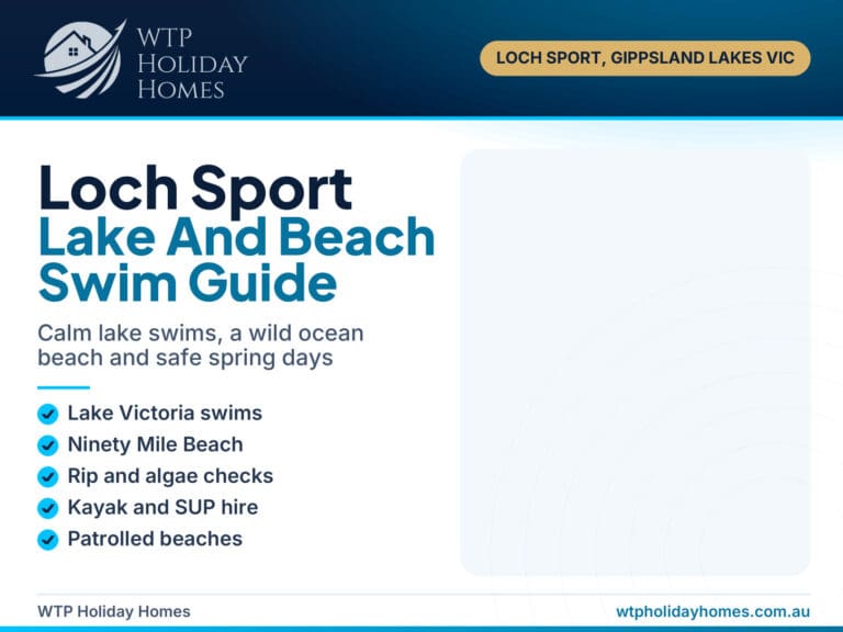 Loch Sport beaches guide cover over the Lake Victoria balcony outlook at Carlenes Getaway, Gippsland Lakes