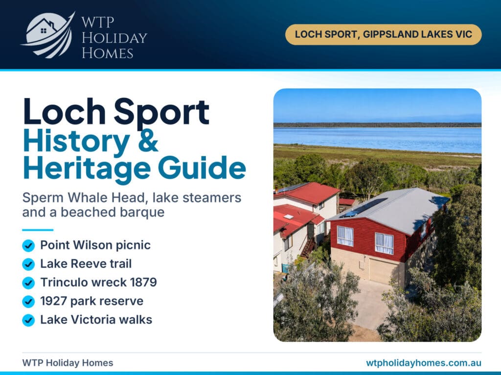Loch Sport history guide cover showing Carlenes Getaway's elevated lakeside setting near Lake Victoria