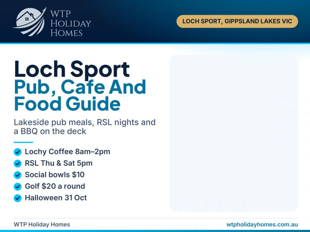 Loch Sport food guide cover with the BBQ balcony at Carlene's Getaway and Marina Hotel, RSL and Lochy Coffee highlights