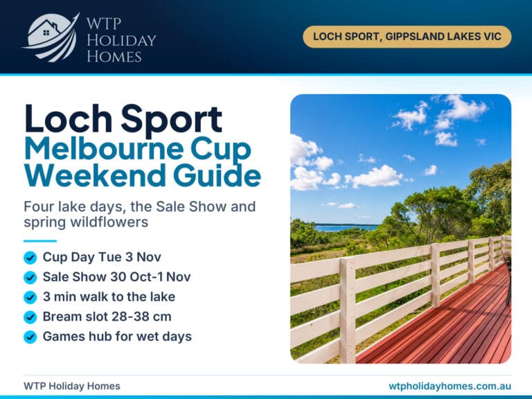Loch Sport Melbourne Cup weekend guide cover over the Lake Victoria balcony view at Carlenes Getaway
