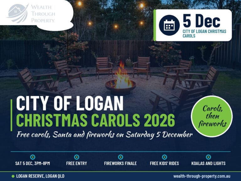 WTP cover for the Logan Christmas Carols 2026 guide over a Logan Reserve backyard with festoon lights and a fire pit
