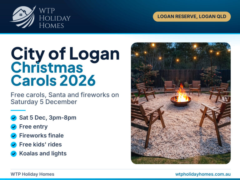 WTP cover for the Logan Christmas Carols 2026 guide over a Logan Reserve backyard with festoon lights and a fire pit