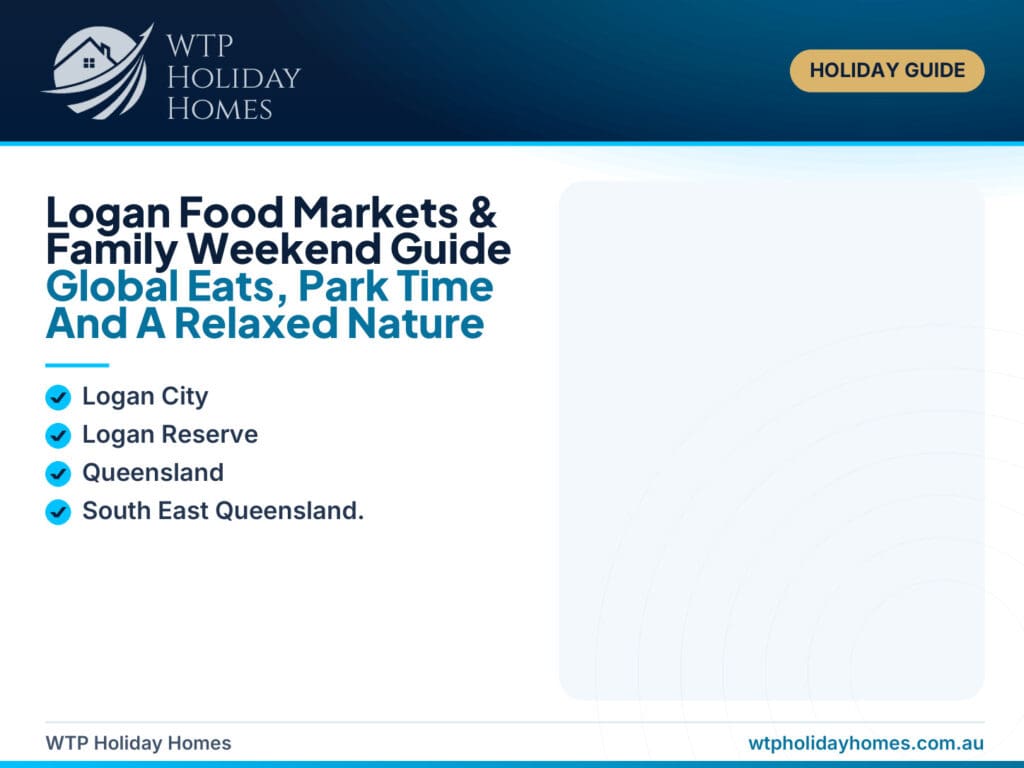 Featured image for a Logan food markets and family weekend guide, showing market food, park time, lake views, kayaks and a relaxed family nature stay.