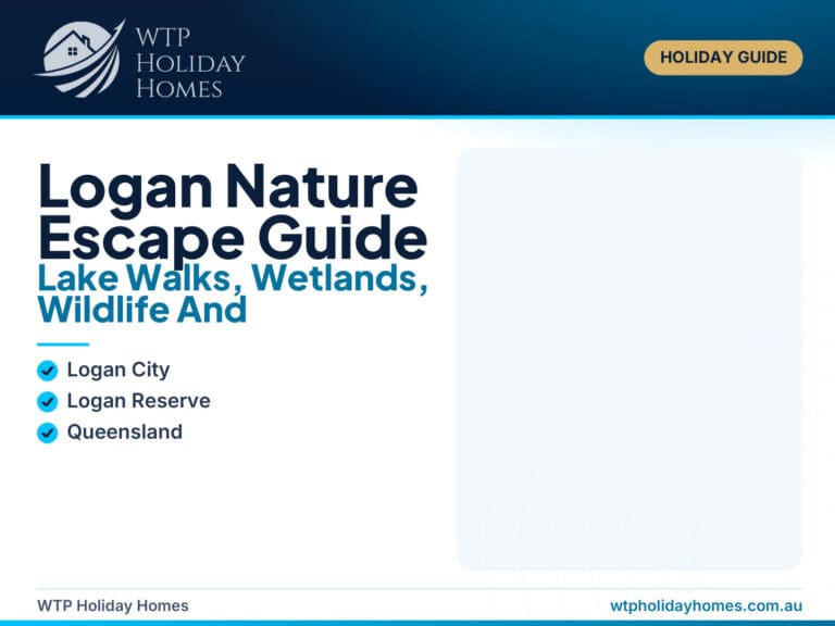 Featured image for a Logan nature escape guide showing lake access, kayaks, green parkland, wetlands and a calm family holiday-home setting.