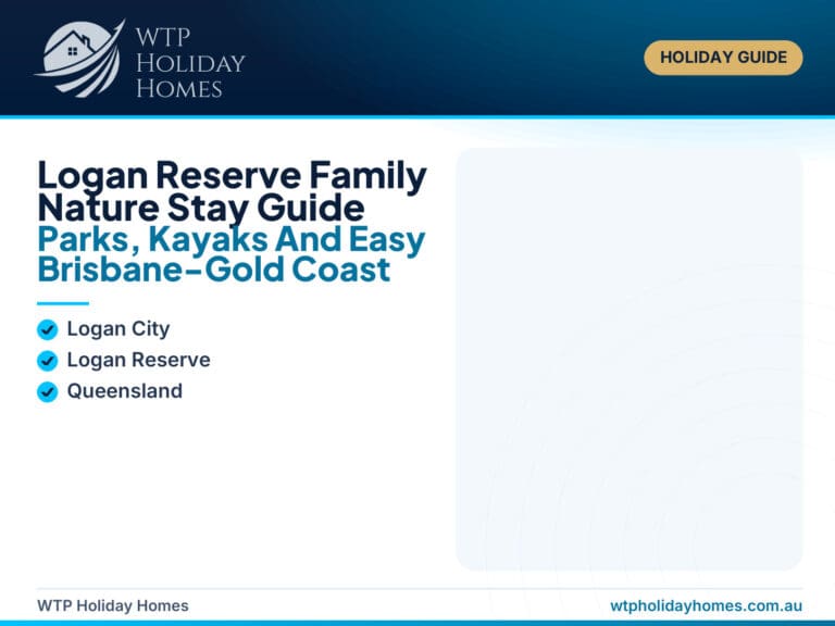 Featured image for a Logan Reserve family nature stay guide, showing a green holiday-home setting with lake, kayak and family-friendly travel cues.