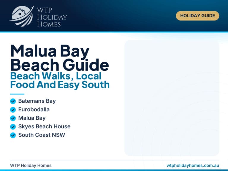 Featured image for a Malua Bay Beach guide near Batemans Bay, showing a South Coast beach day with local food, beach walks and a nearby coastal stay.