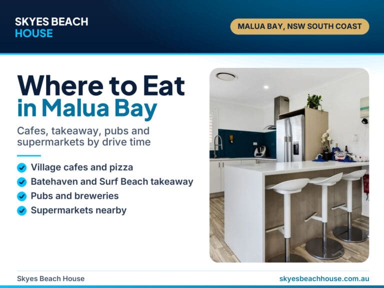 Kitchen island and dining area at Skyes Beach House, Malua Bay, on the cover of a guide to where to eat nearby