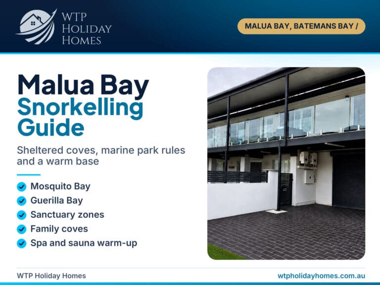 Malua Bay snorkelling guide cover with the view from the front of Skye's Beach House towards Malua Bay Beach