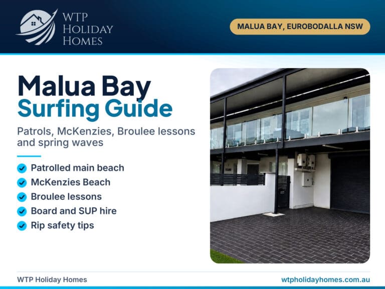 Malua Bay surfing guide cover with a view from Skyes Beach House towards Malua Bay Beach on the NSW South Coast