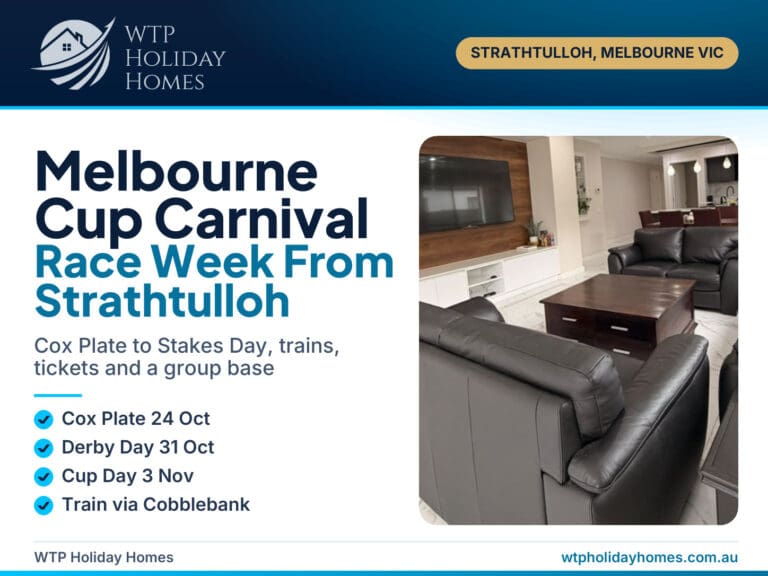 Melbourne Cup Carnival 2026 cover for a Strathtulloh stay with race dates, trains and Willows Arena House living room