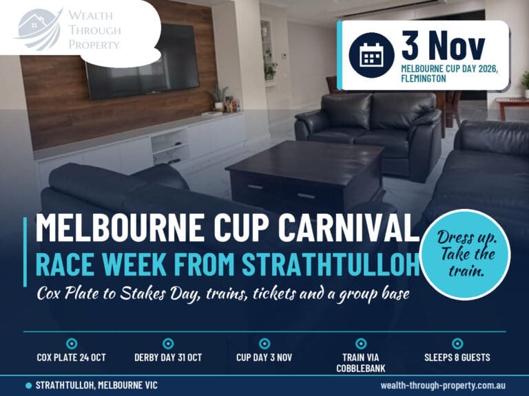 Melbourne Cup Carnival 2026 cover for a Strathtulloh stay with race dates, trains and Willows Arena House living room