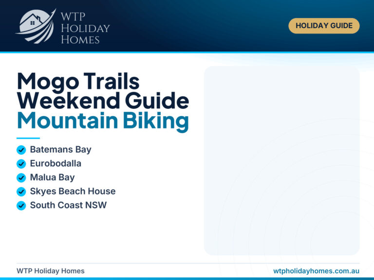 Featured image for a Mogo Trails and Malua Bay weekend guide, showing South Coast mountain biking and coastal holiday-home cues.