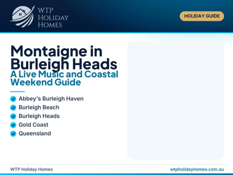 Live concert lighting blended with Burleigh Beach and coastal townhome imagery for a Montaigne Burleigh Heads weekend guide.