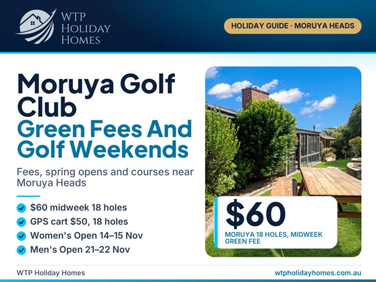 Moruya Golf Club guide cover: Green Fees And Golf Weekends, garden outdoor dining at Bertie’s 3 Beaches, $60 midweek 18 holes