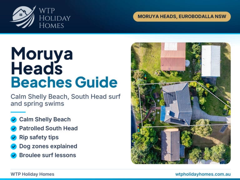 Moruya Heads beaches guide cover with Bertie's 3 Beaches leafy aerial view near Shelly Beach, NSW South Coast
