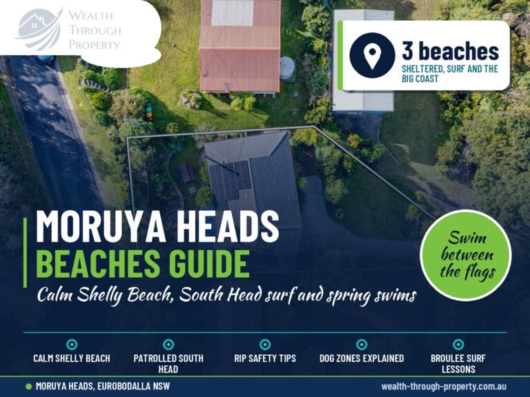 Moruya Heads beaches guide cover with Bertie's 3 Beaches leafy aerial view near Shelly Beach, NSW South Coast